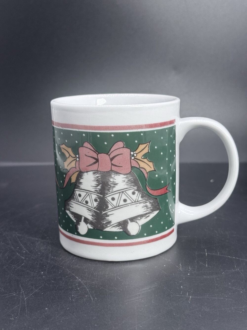 Vintage Christmas Coffee Mug Bells Bow Holly Green Pink Holiday Ceramic Cup